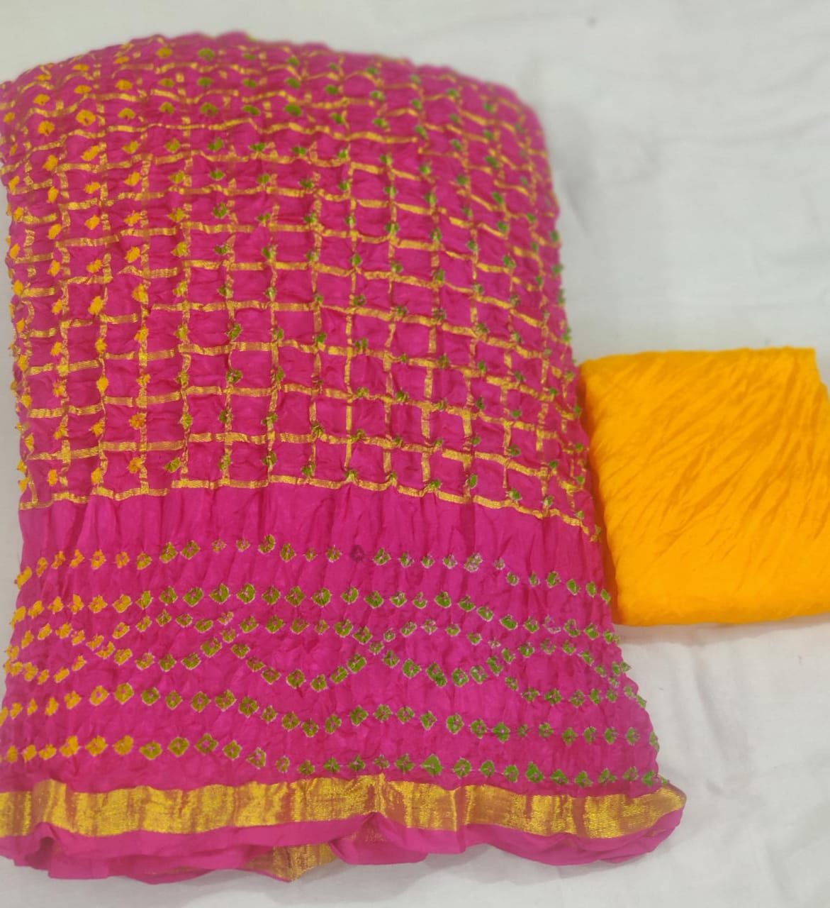 Bandhej Ghadchola Silk Saree with Zari Border and Contrast Blouse
