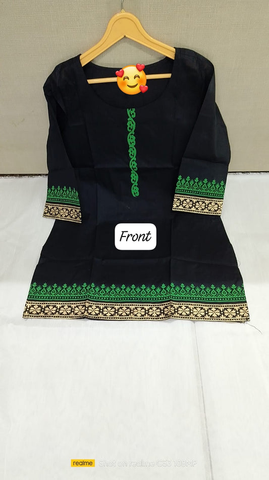 Black Cotton Kurti with Printed Neckline, Sleeves & Hem
