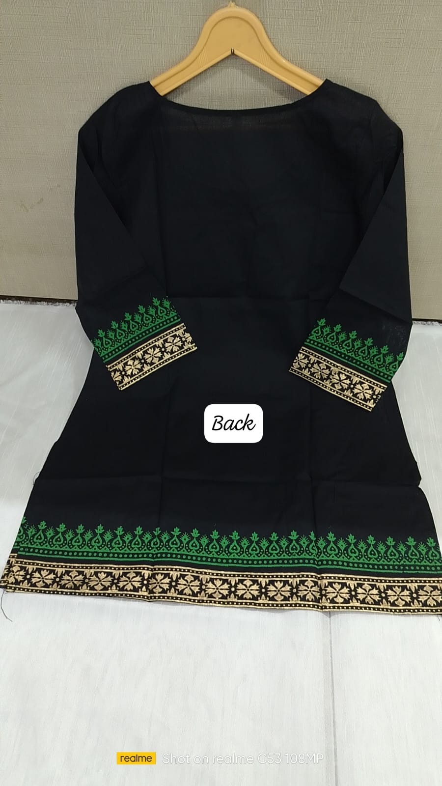 Black Cotton Kurti with Printed Neckline, Sleeves & Hem