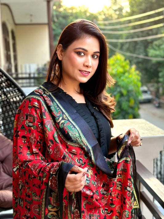 Black Cotton Slub Kurti Pant Set with Embroidery & Silk Dupatta – Frill Detailing