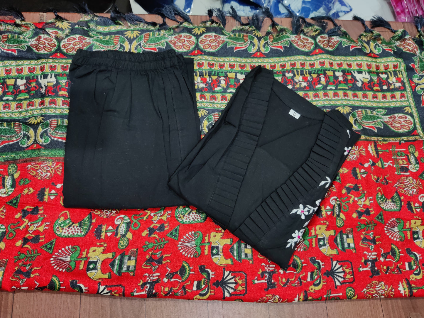 Black Cotton Slub Kurti Pant Set with Embroidery & Silk Dupatta – Frill Detailing