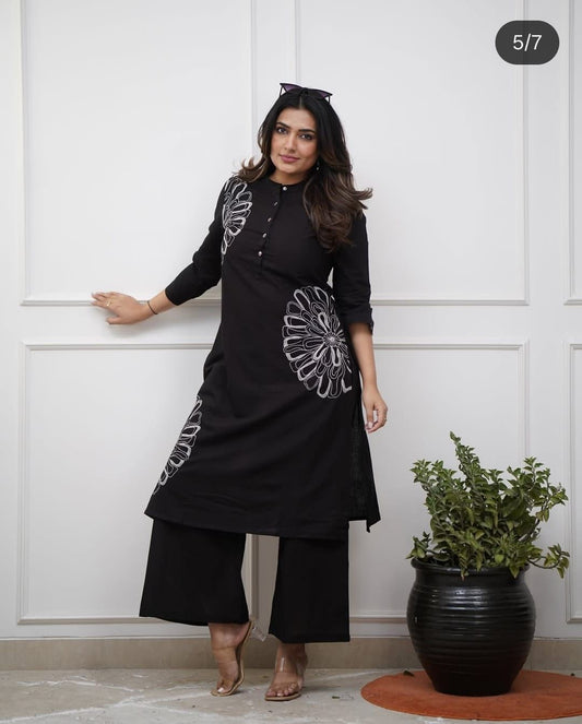 Black Embroidered Cotton Kurti Pant Set with 3/4 Sleeves
