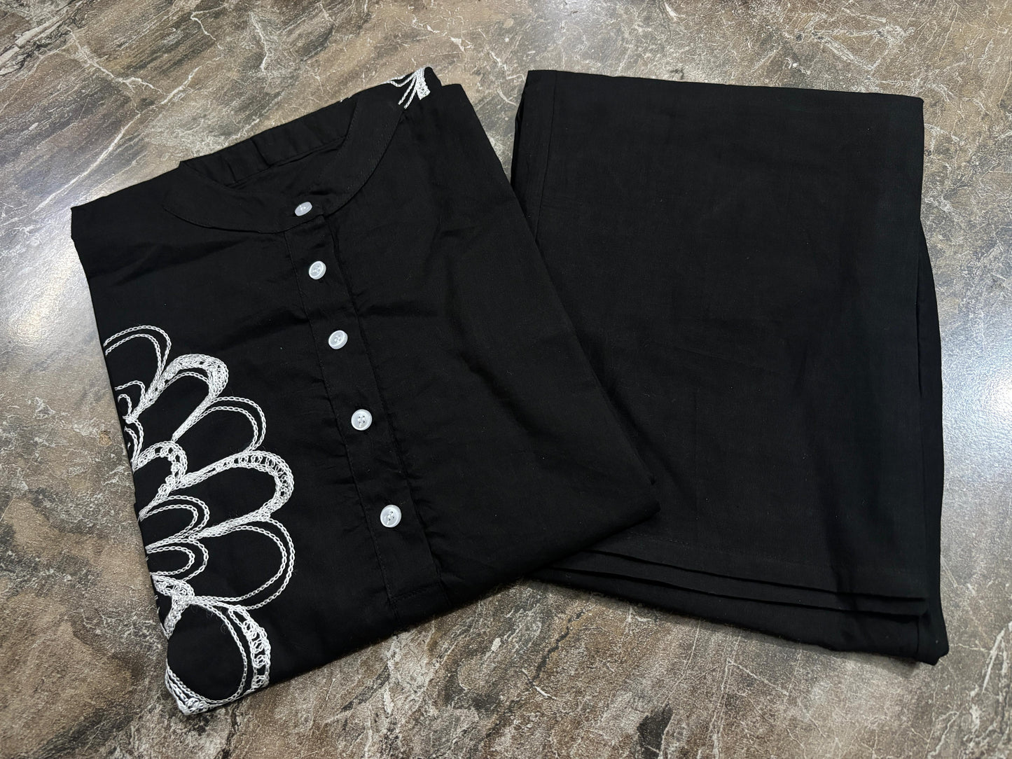 Black Embroidered Cotton Kurti Pant Set with 3/4 Sleeves