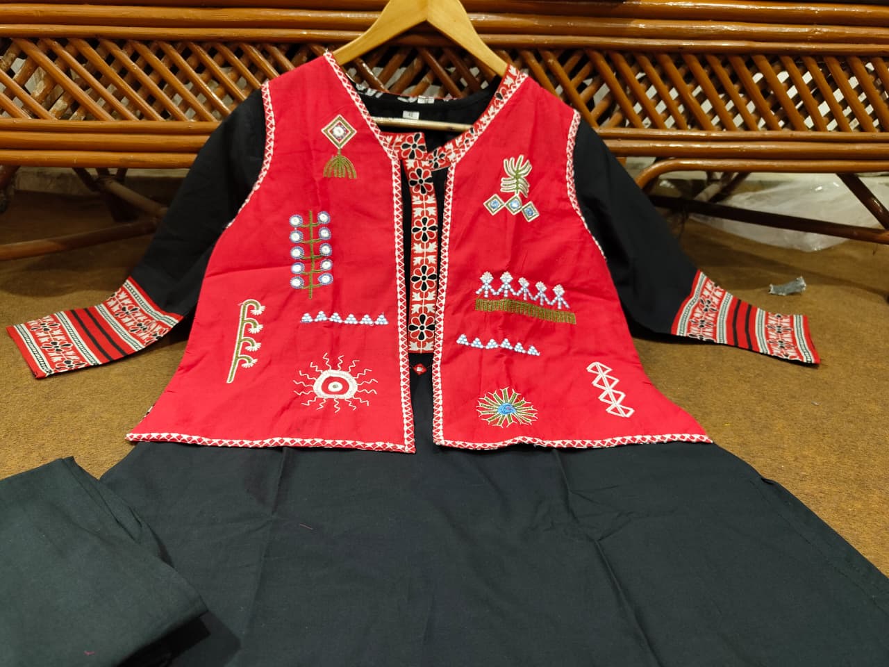 Black Kurti Pant Set with Red Embroidered Cotton Jacket – 3 Piece Set