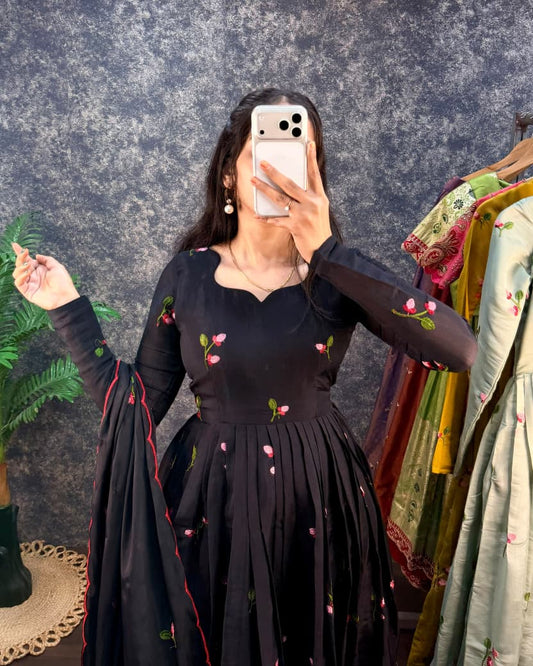 Black South Mull Chanderi Embroidered Anarkali Kurta with Dupatta