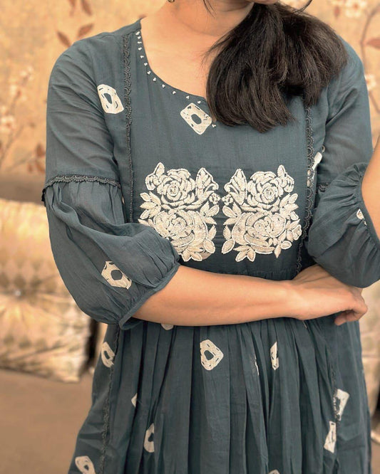 Block Printed Cotton Kurta Set with Embroidery & Pocket
