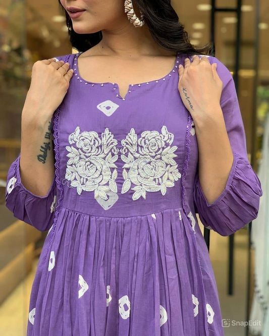 Block Printed Cotton Kurta Set with Embroidery & Pocket