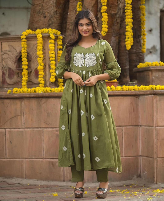 Block Printed Cotton Kurta Set with Embroidery & Pocket