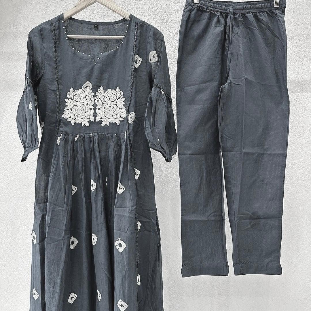 Block Printed Cotton Kurta Set with Embroidery & Pocket
