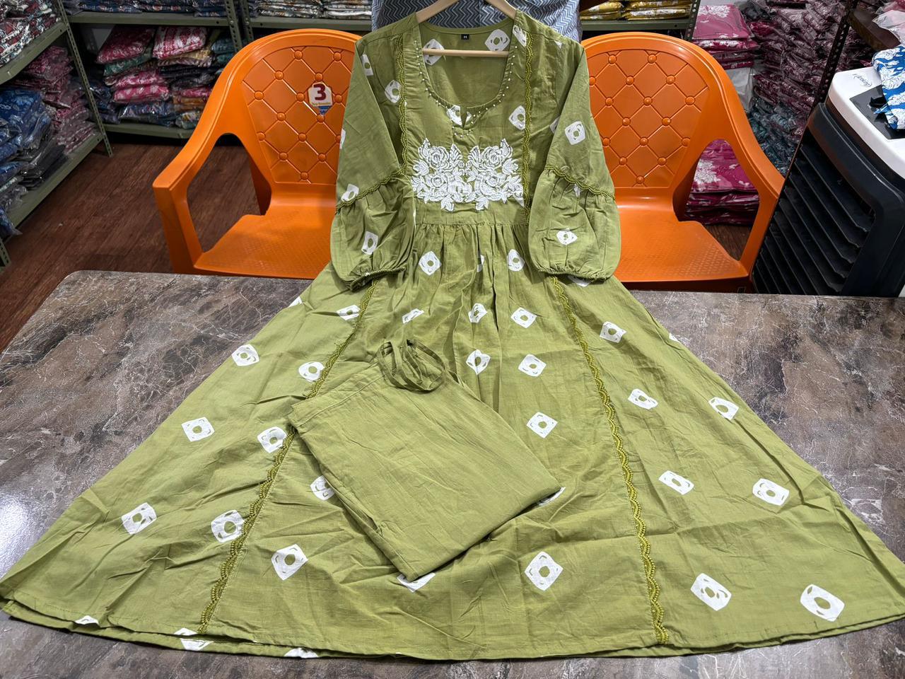 Block Printed Cotton Kurta Set with Embroidery & Pocket