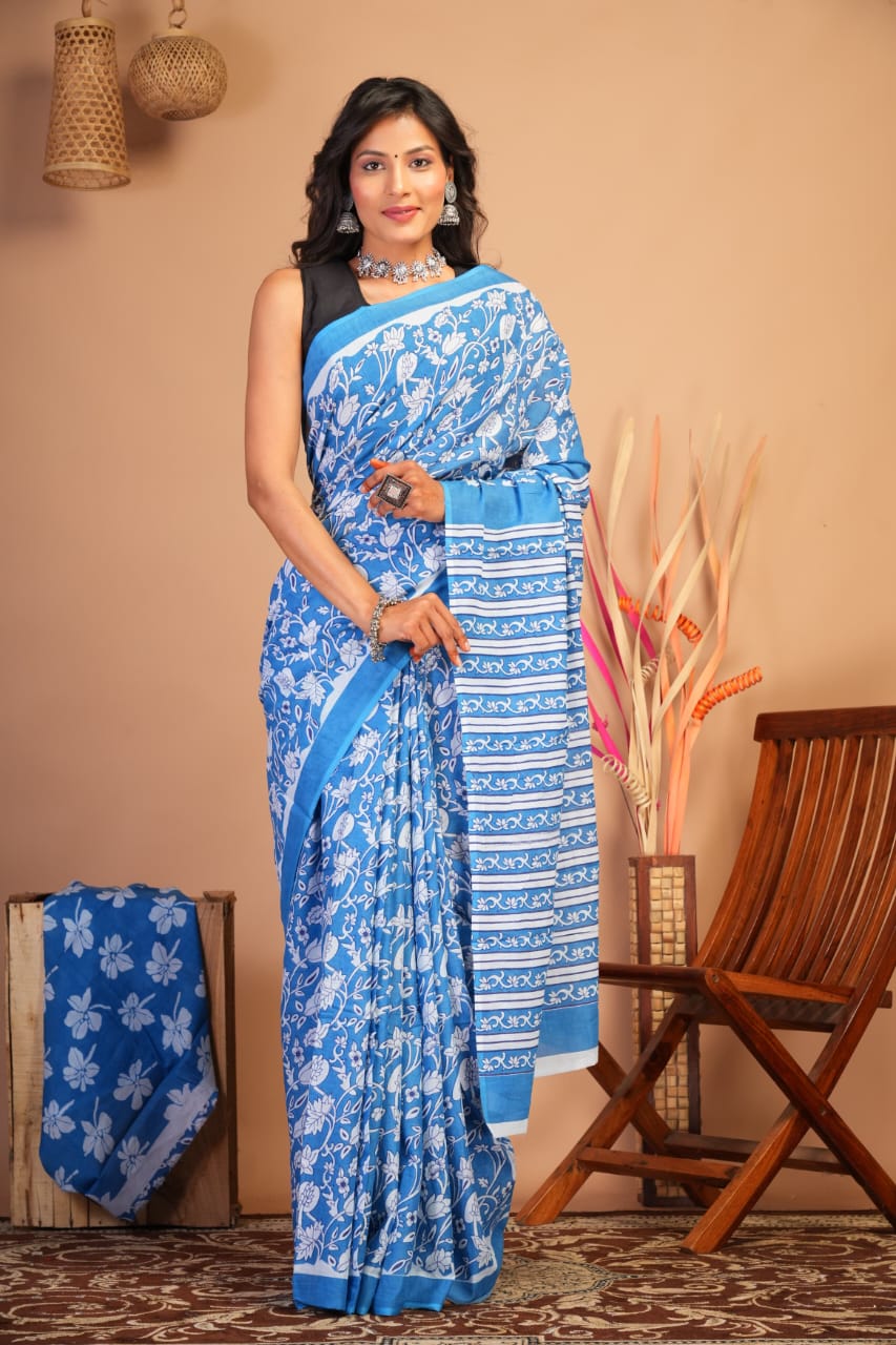 Block Printed Cotton Mulmul Saree with Blouse Piece (92/80 Count)