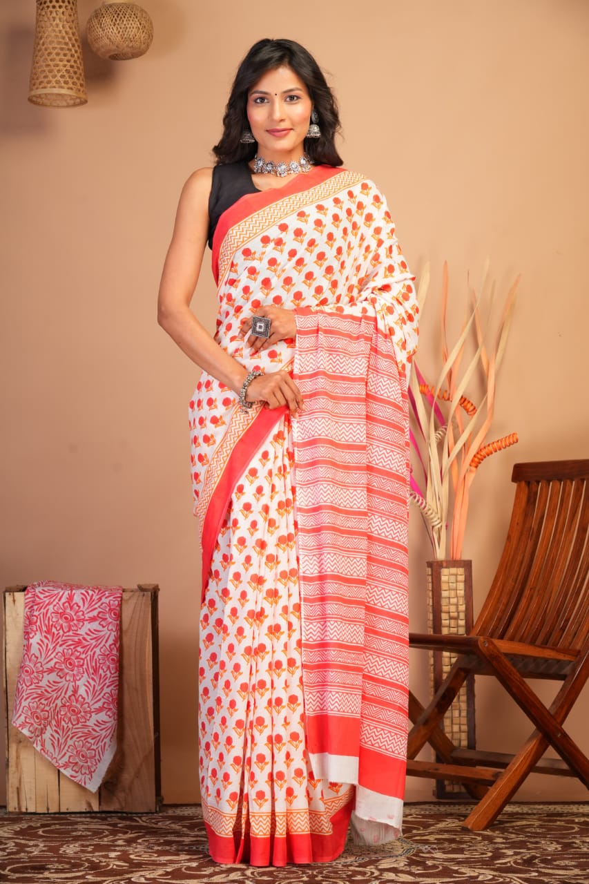 Block Printed Cotton Mulmul Saree with Blouse Piece (92/80 Count)