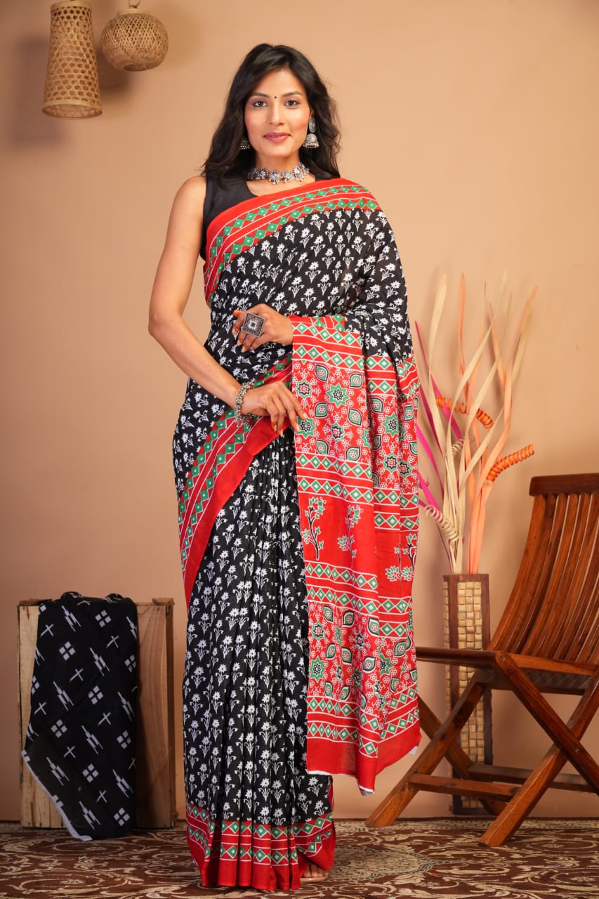 Block Printed Cotton Mulmul Saree with Blouse Piece (92/80 Count)