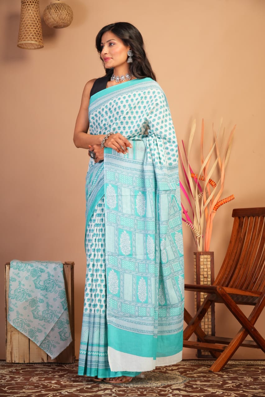 Block Printed Cotton Mulmul Saree with Blouse Piece (92/80 Count)
