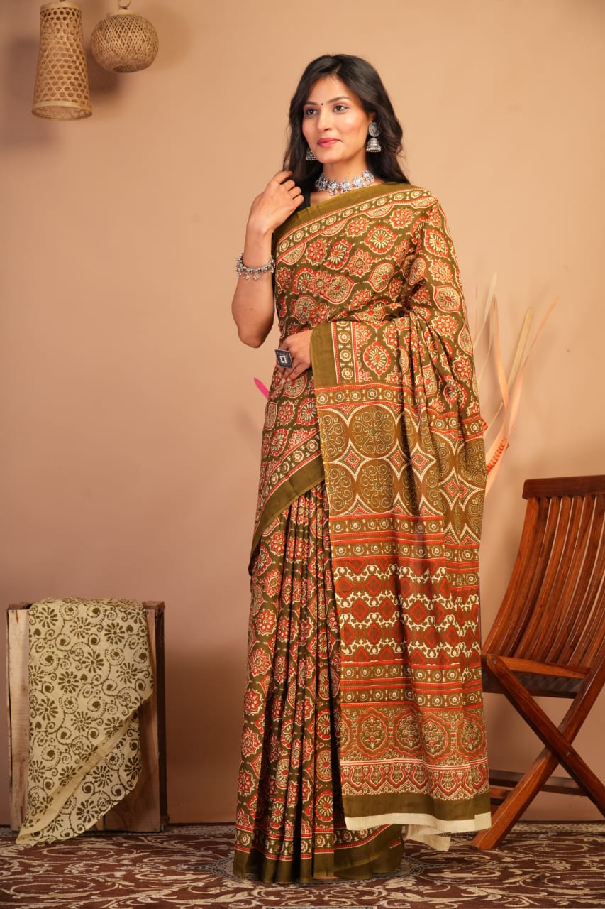 Block Printed Cotton Mulmul Saree with Blouse Piece (92/80 Count)