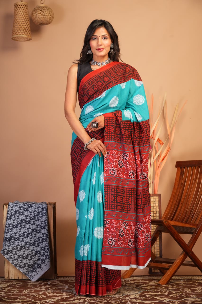 Block Printed Cotton Mulmul Saree with Blouse Piece (92/80 Count)