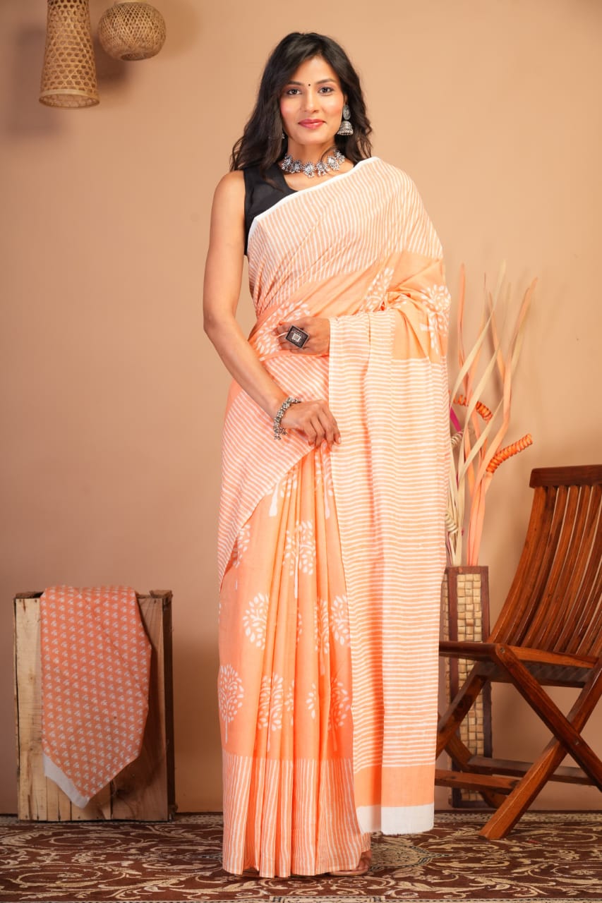 Block Printed Cotton Mulmul Saree with Blouse Piece (92/80 Count)