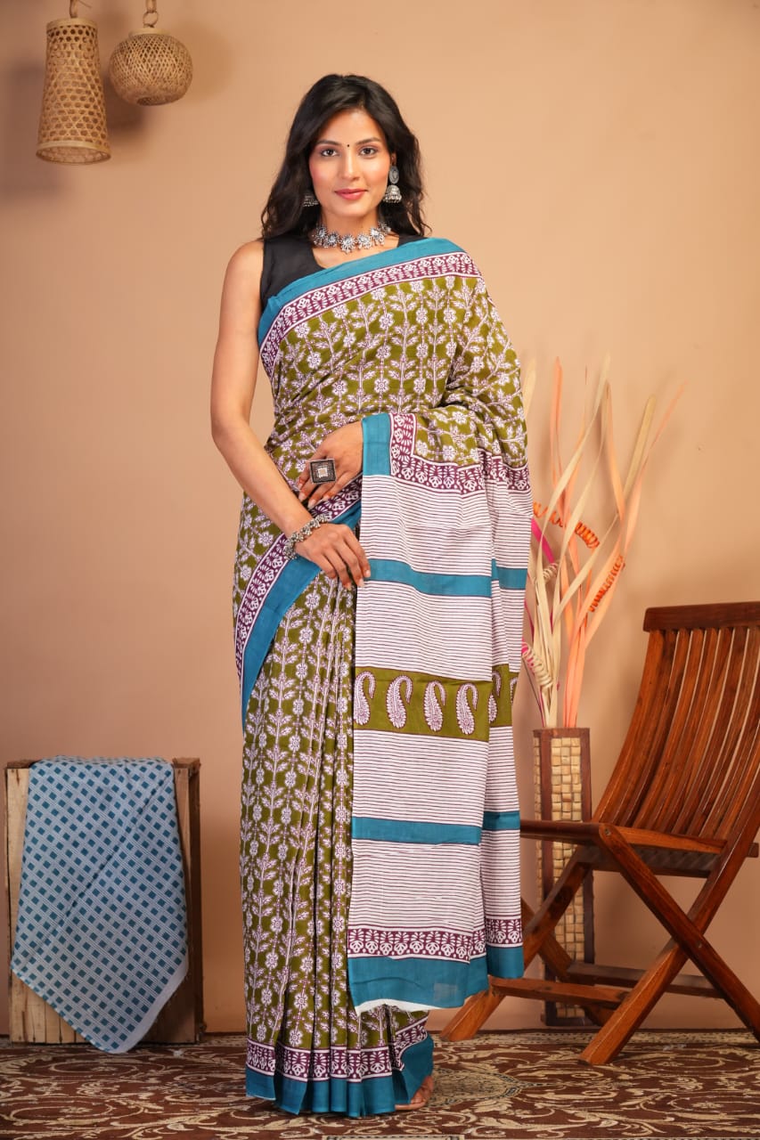 Block Printed Cotton Mulmul Saree with Blouse Piece (92/80 Count)