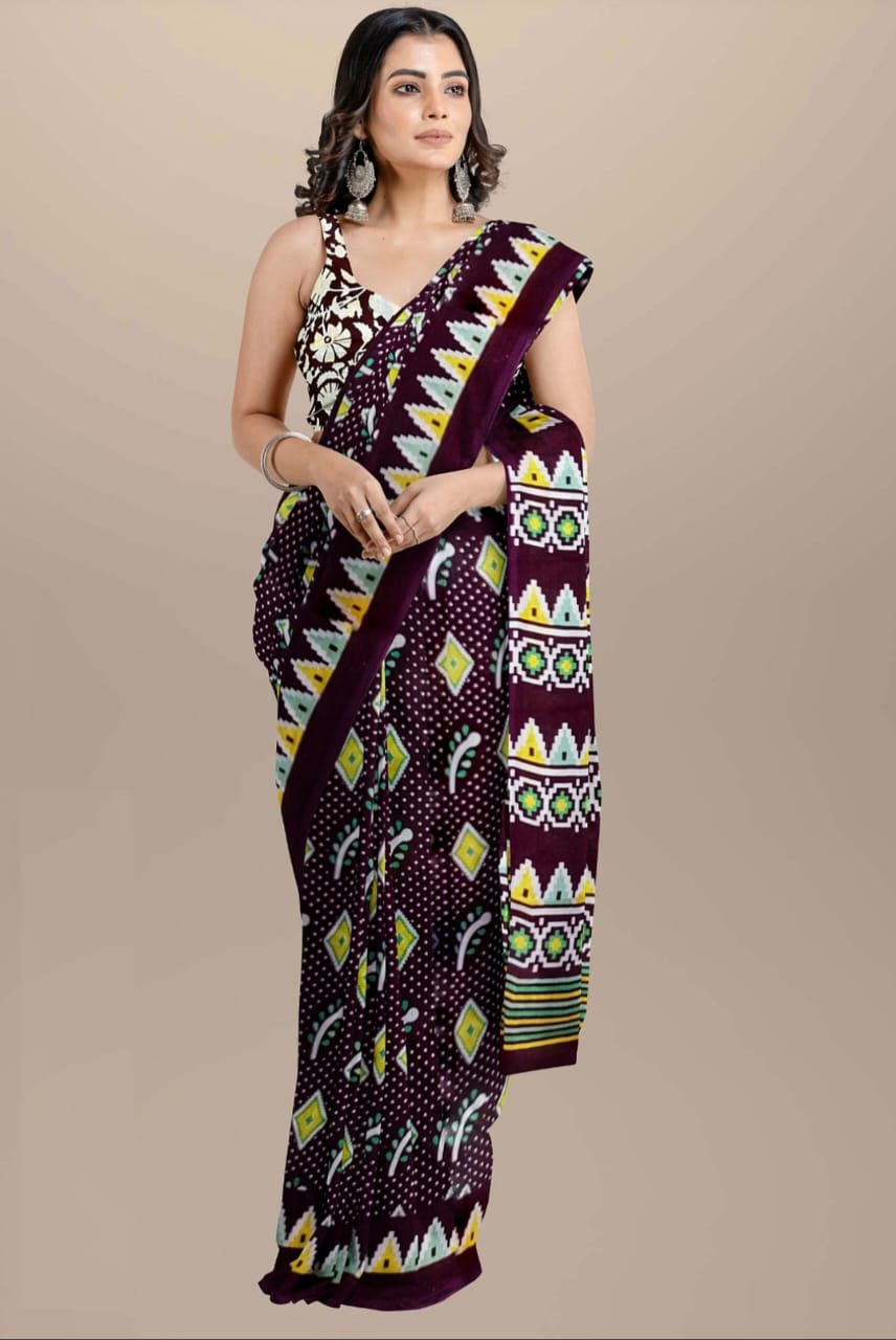Block Printed Cotton Mulmul Saree with Blouse Piece (92/80 Count)