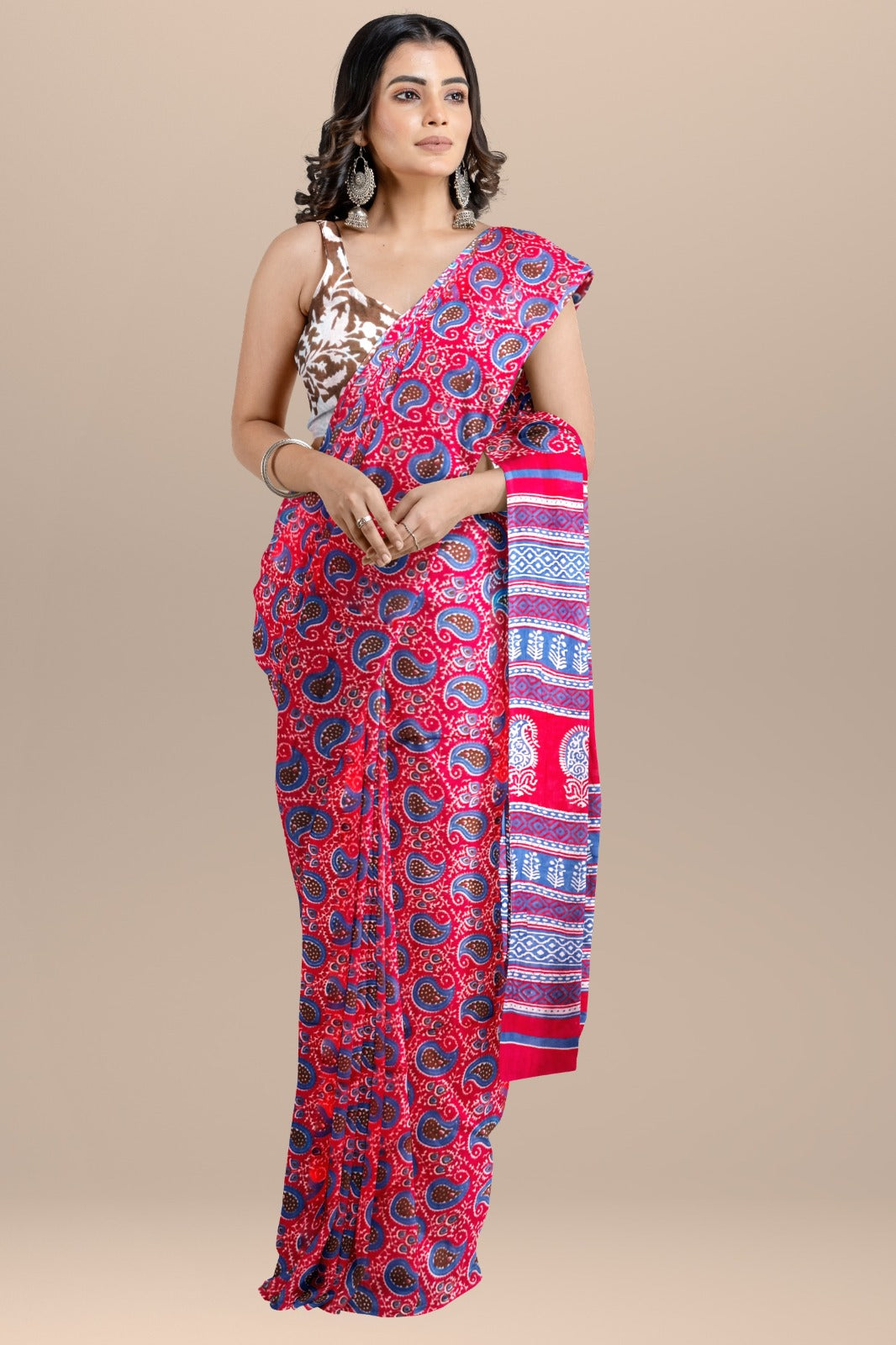 Block Printed Cotton Mulmul Saree with Blouse Piece (92/80 Count)