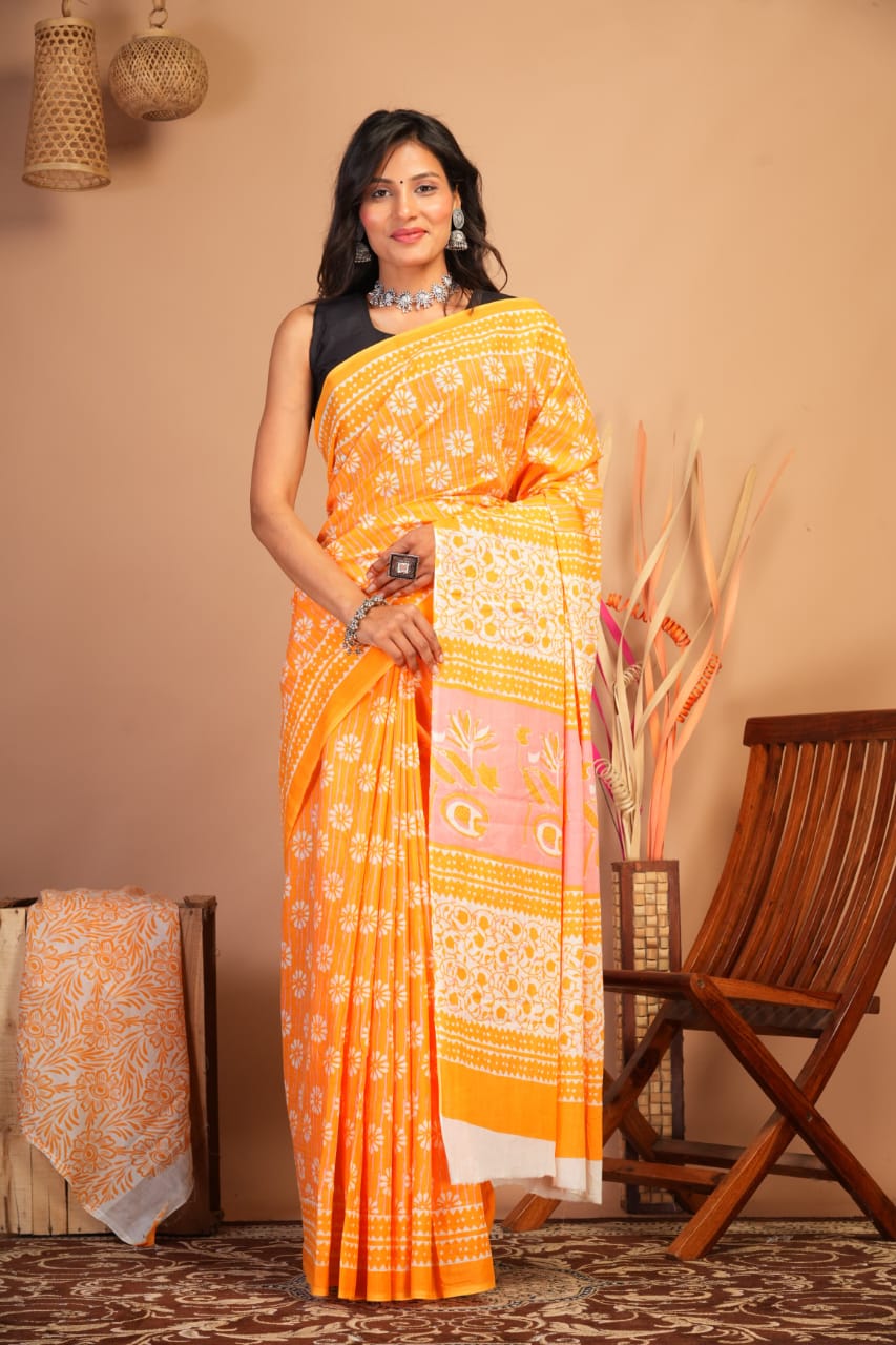 Block Printed Cotton Mulmul Saree with Blouse Piece (92/80 Count)