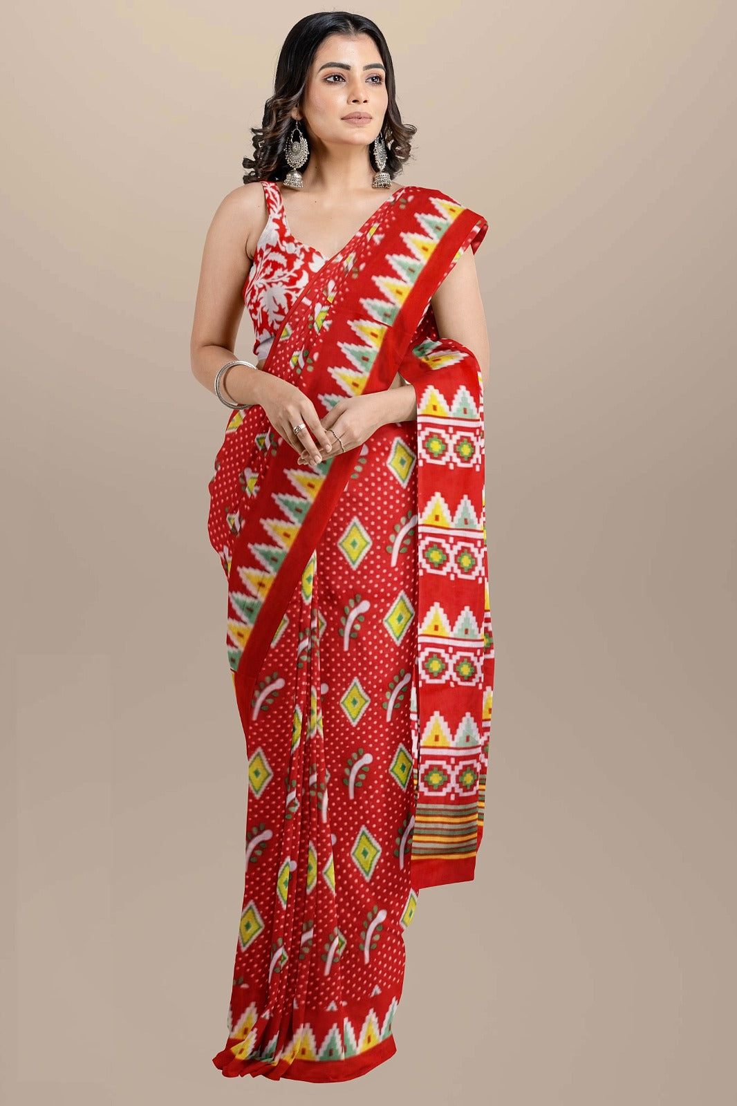 Block Printed Cotton Mulmul Saree with Blouse Piece (92/80 Count)