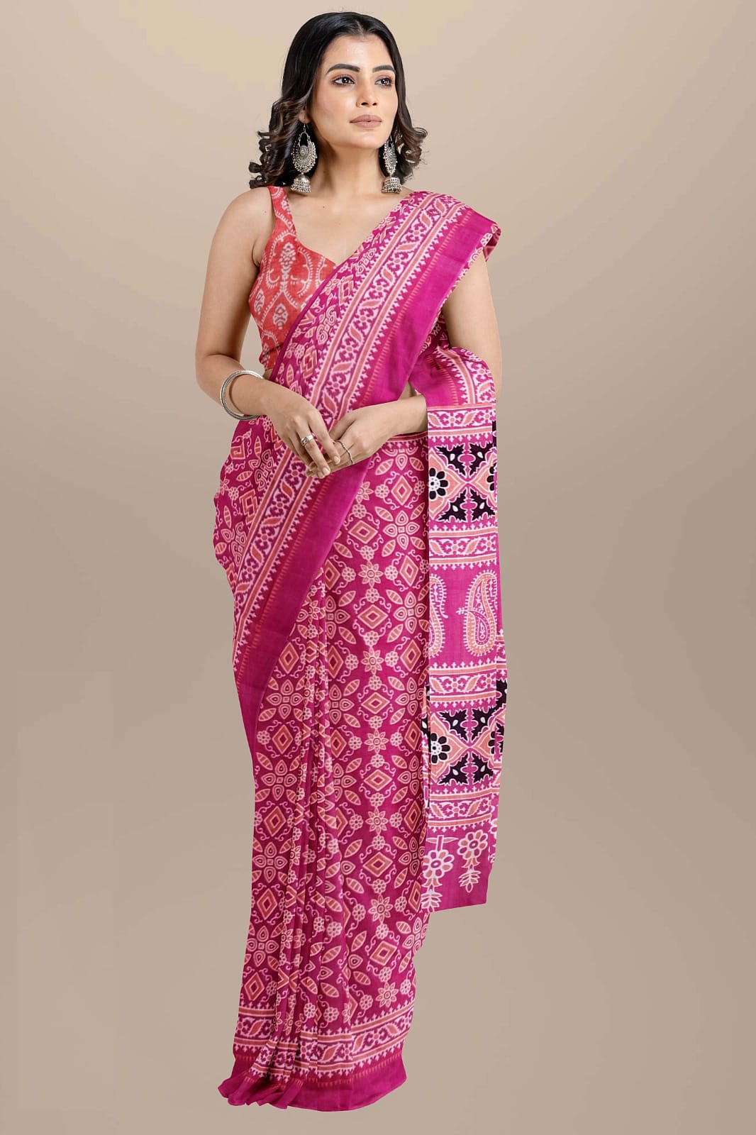 Block Printed Cotton Mulmul Saree with Blouse Piece (92/80 Count)