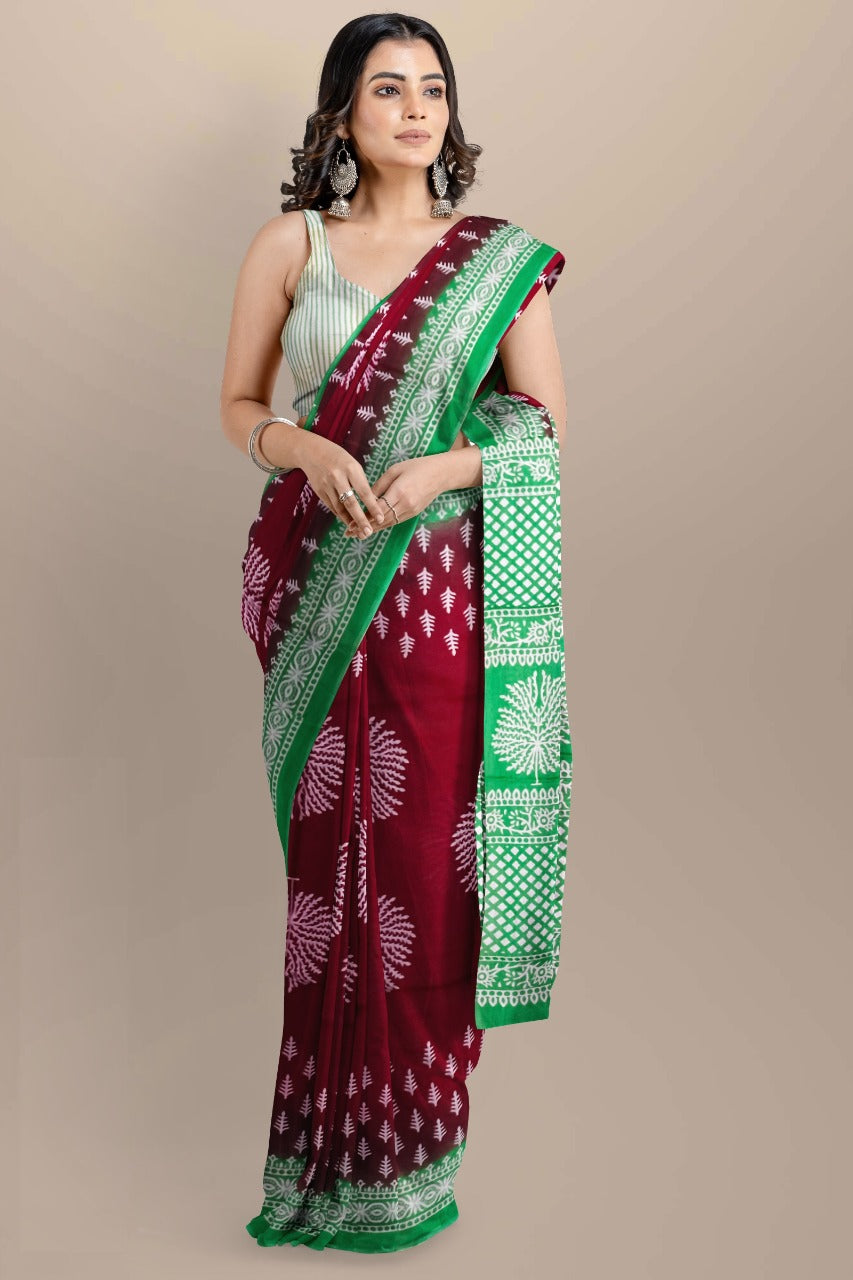 Block Printed Cotton Mulmul Saree with Blouse Piece (92/80 Count)