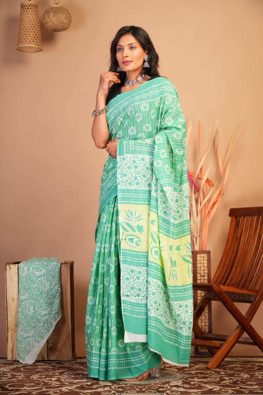 Block Printed Cotton Mulmul Saree with Blouse Piece (92/80 Count)