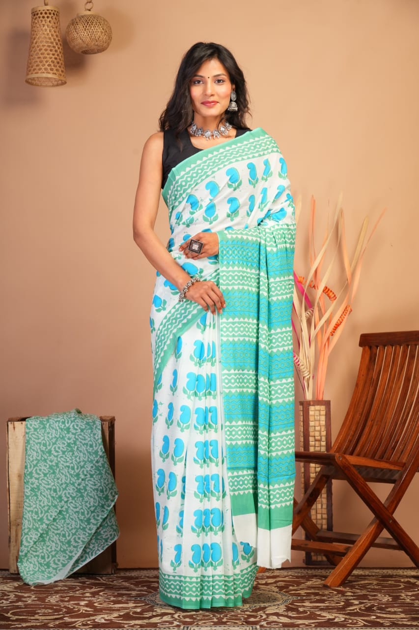 Block Printed Cotton Mulmul Saree with Blouse Piece (92/80 Count)