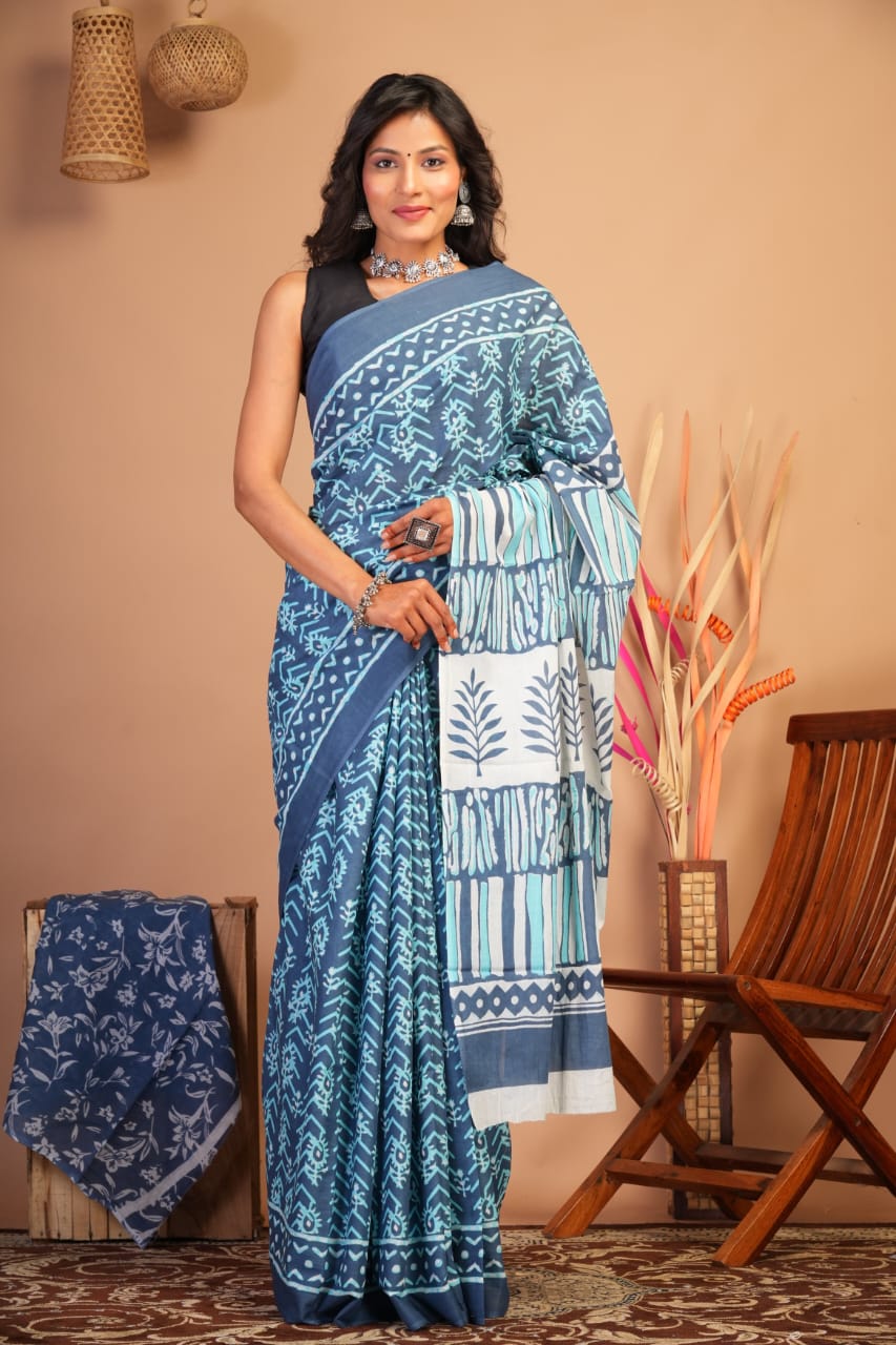 Block Printed Cotton Mulmul Saree with Blouse Piece (92/80 Count)