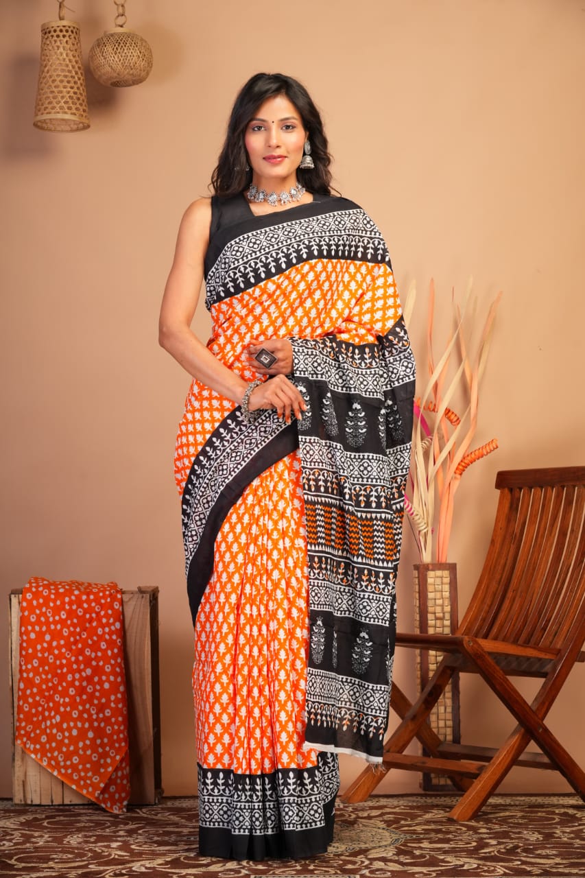 Block Printed Cotton Mulmul Saree with Blouse Piece (92/80 Count)