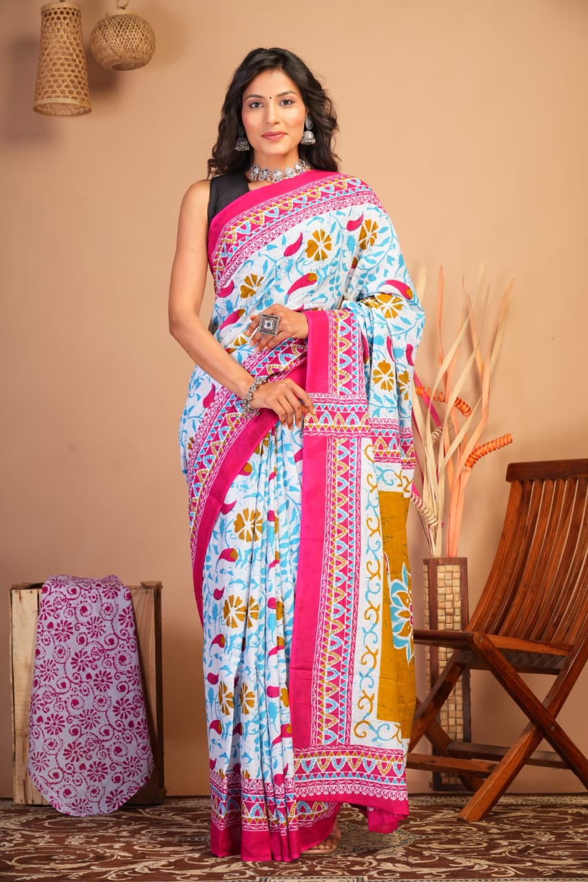 Block Printed Cotton Mulmul Saree with Blouse Piece (92/80 Count)