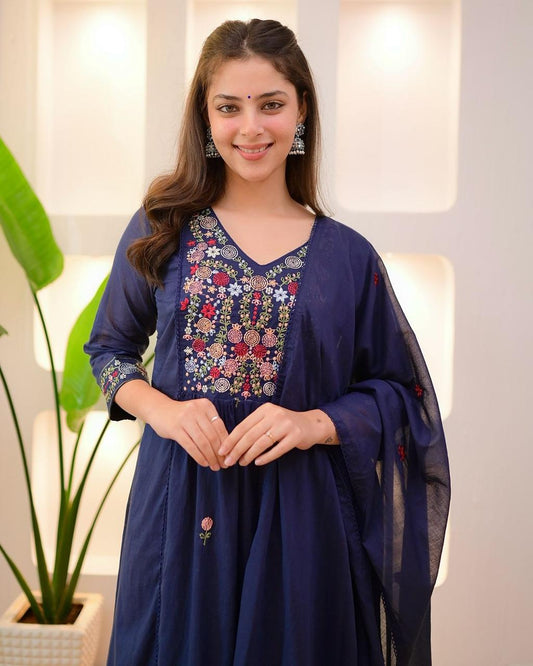 Blue 60×60 Cotton Embroidered Suit Set with Pant & Dupatta