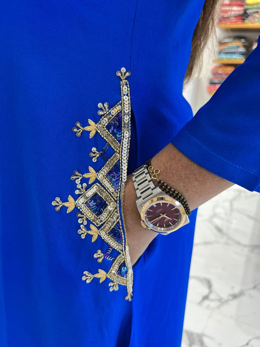 Blue Cotton 60x60 Kurti Palazzo Set with Dual-Side Work on Pocket