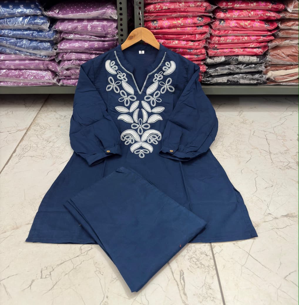 Blue Cotton Embroidered Co-Ord Set for Women