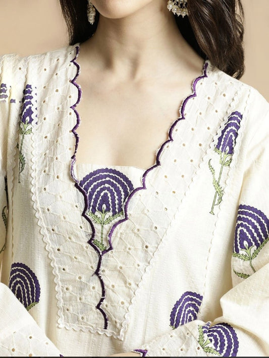 Blue Cotton Kurta Palazzo Set with Floral Print & Bell Sleeves