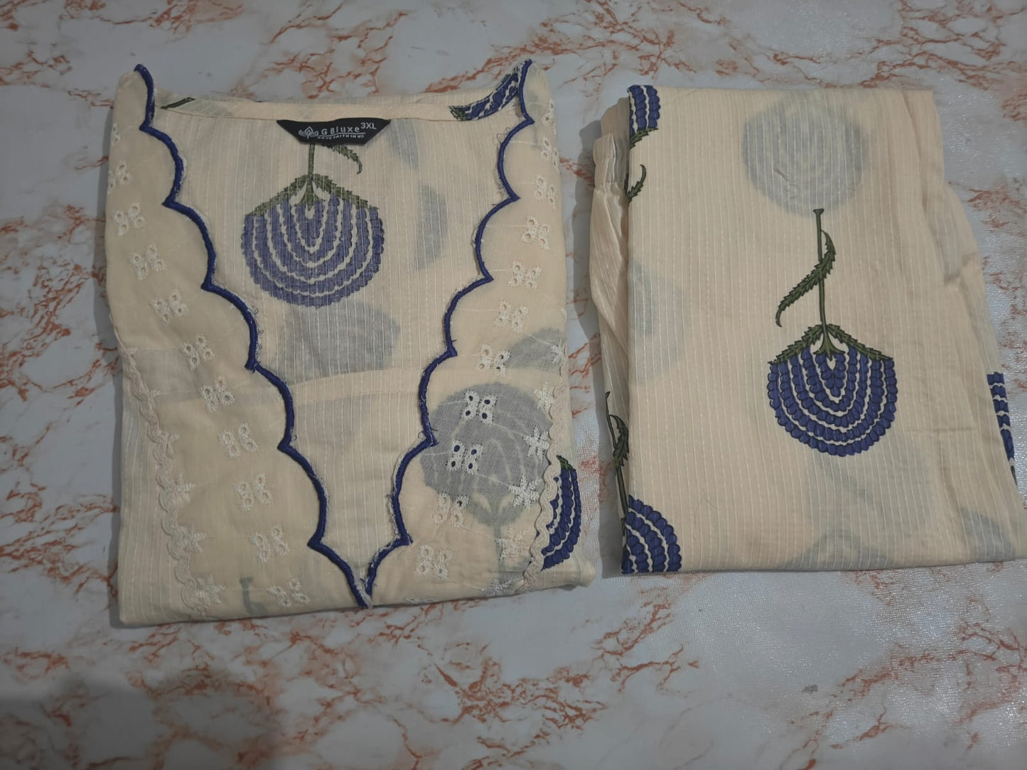 Blue Cotton Kurta Palazzo Set with Floral Print & Bell Sleeves