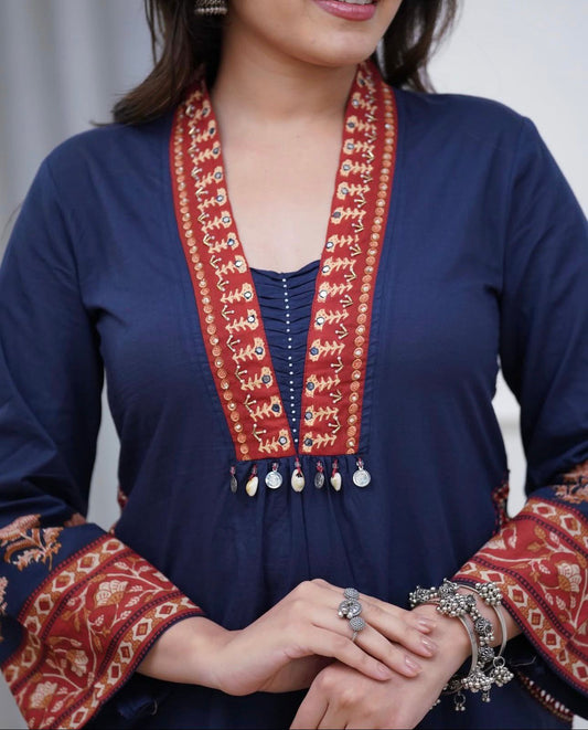 Blue Cotton Kurti Pant Set with Malmal Dupatta & Embroidery