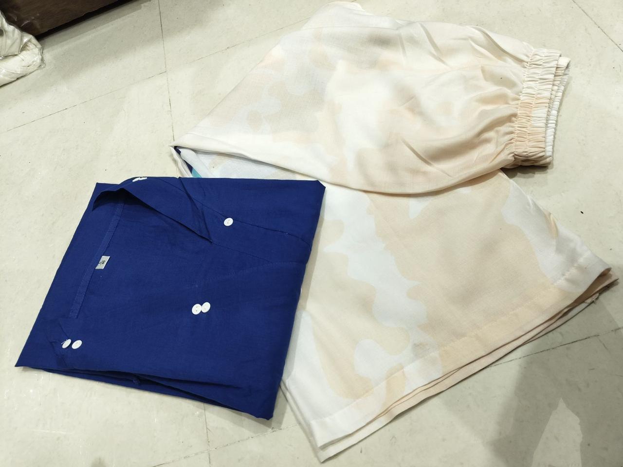 Blue Cotton Lace Work Co-ord Set | Loose Fit Cord Set