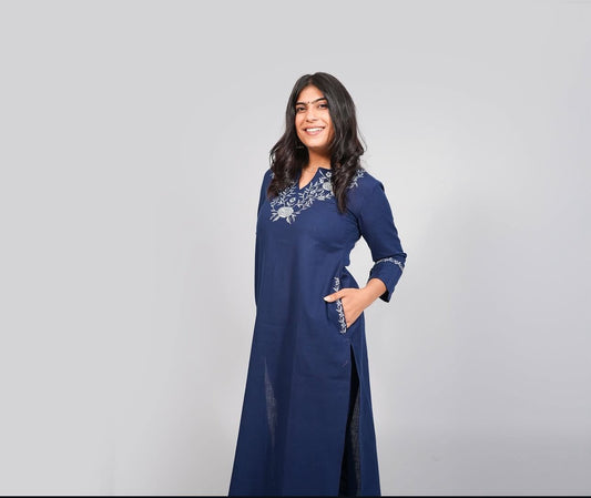 Blue Cotton Kurti Pant Set with Neck & Back Embroidery