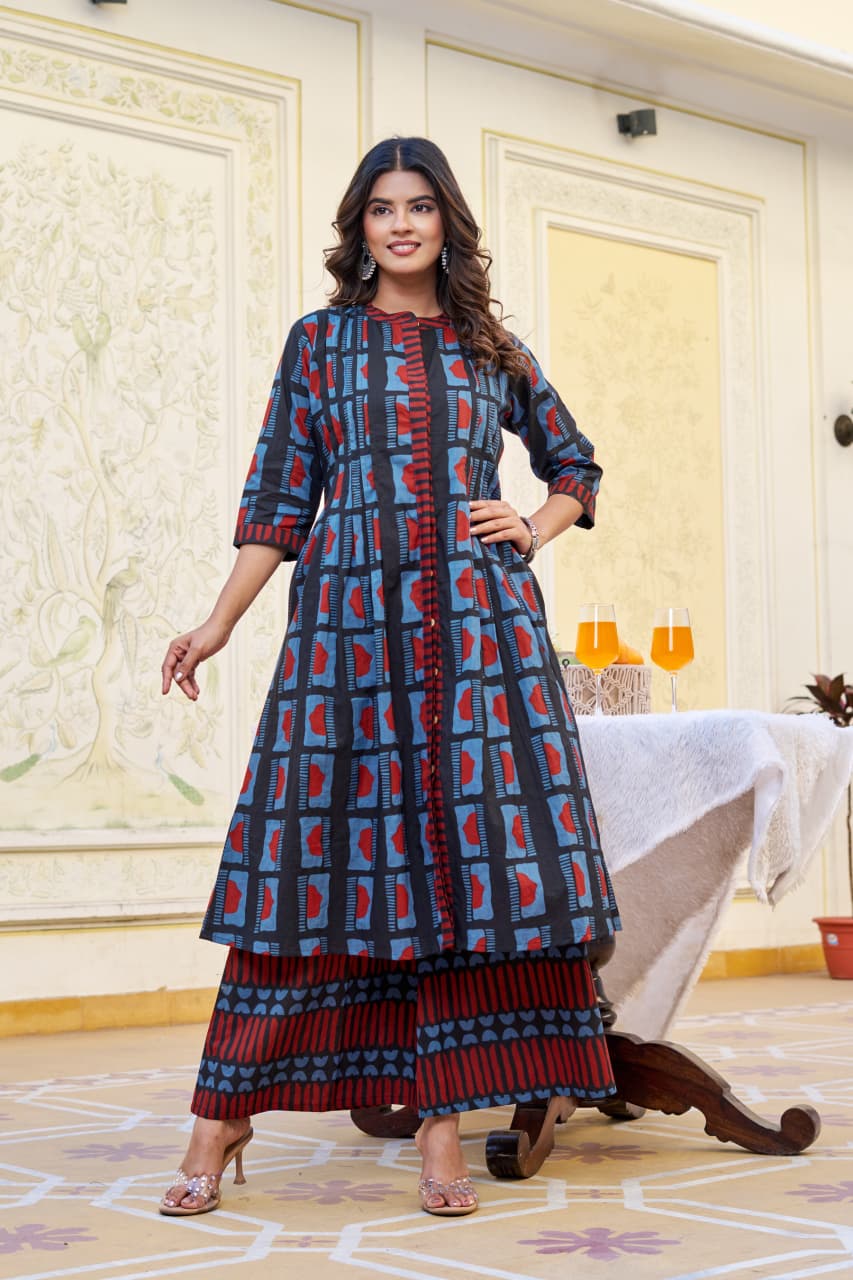 Blue Indigo Cotton Kurta Palazzo Set with Round Neck & 3/4 Sleeves