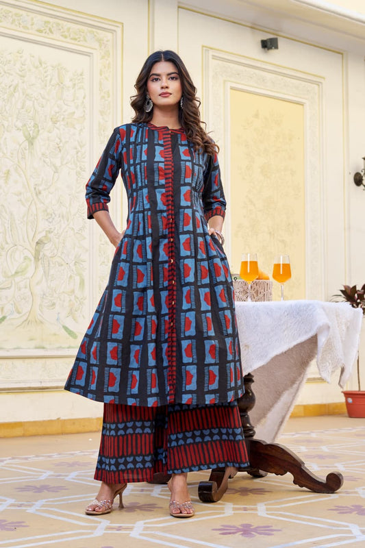 Blue Indigo Cotton Kurta with Plazo Set – 3/4 Sleeves