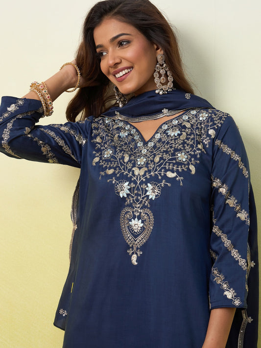 Blue Mal Chanderi Straight Kurta Pant Dupatta 3-Piece Set