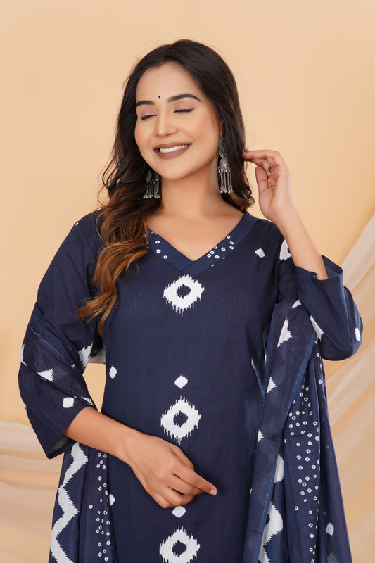 Blue Printed Cotton Suit Set with Pant & Dupatta