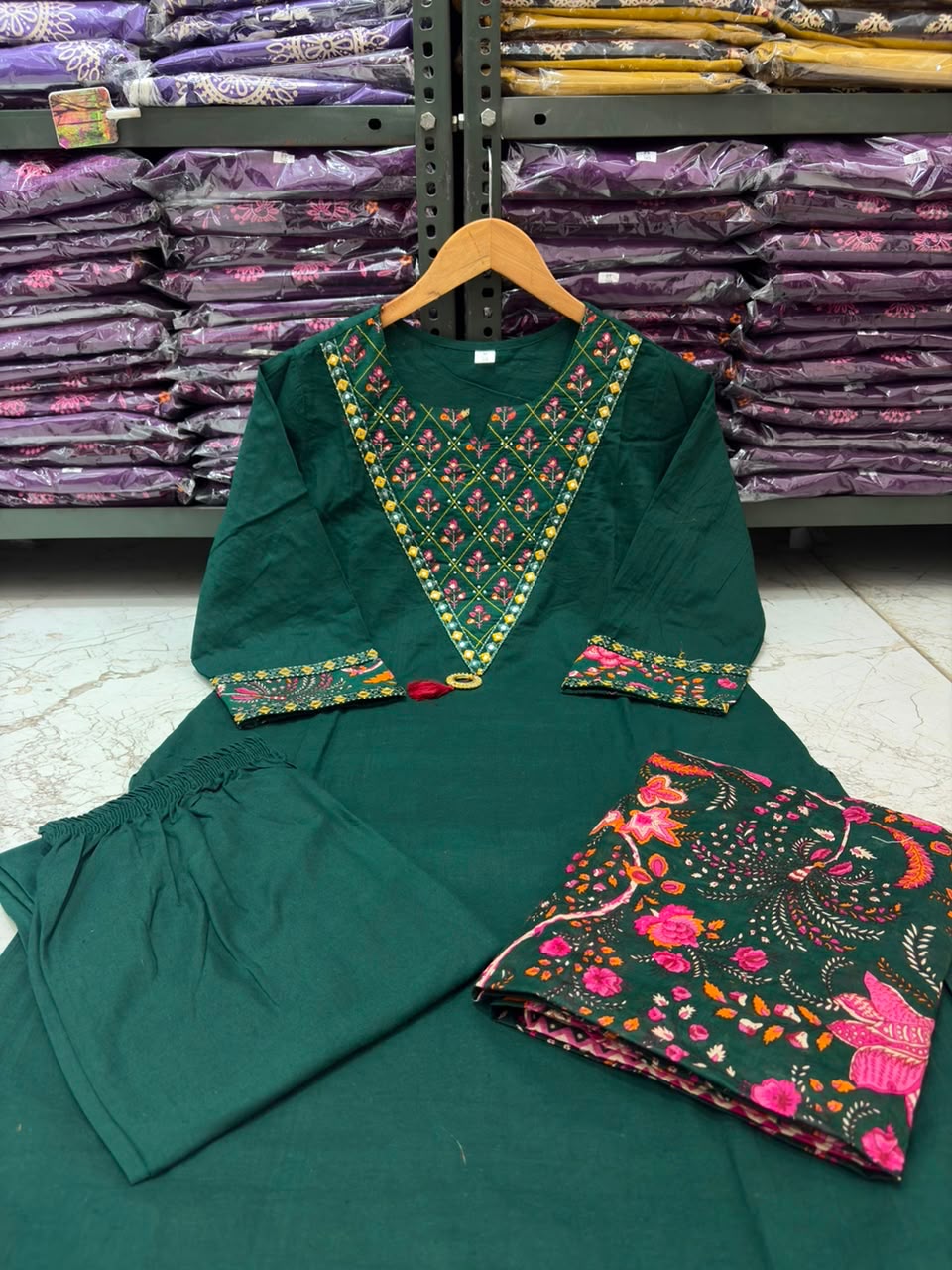 Bottle Green Cotton 60×60 Suit Set with Embroidery, Mirror Work & Malmal Dupatta