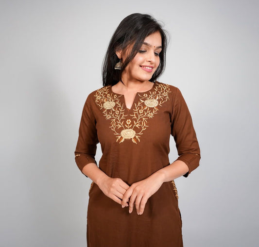 Brown Cotton Kurti Pant Set with Neck & Back Embroidery