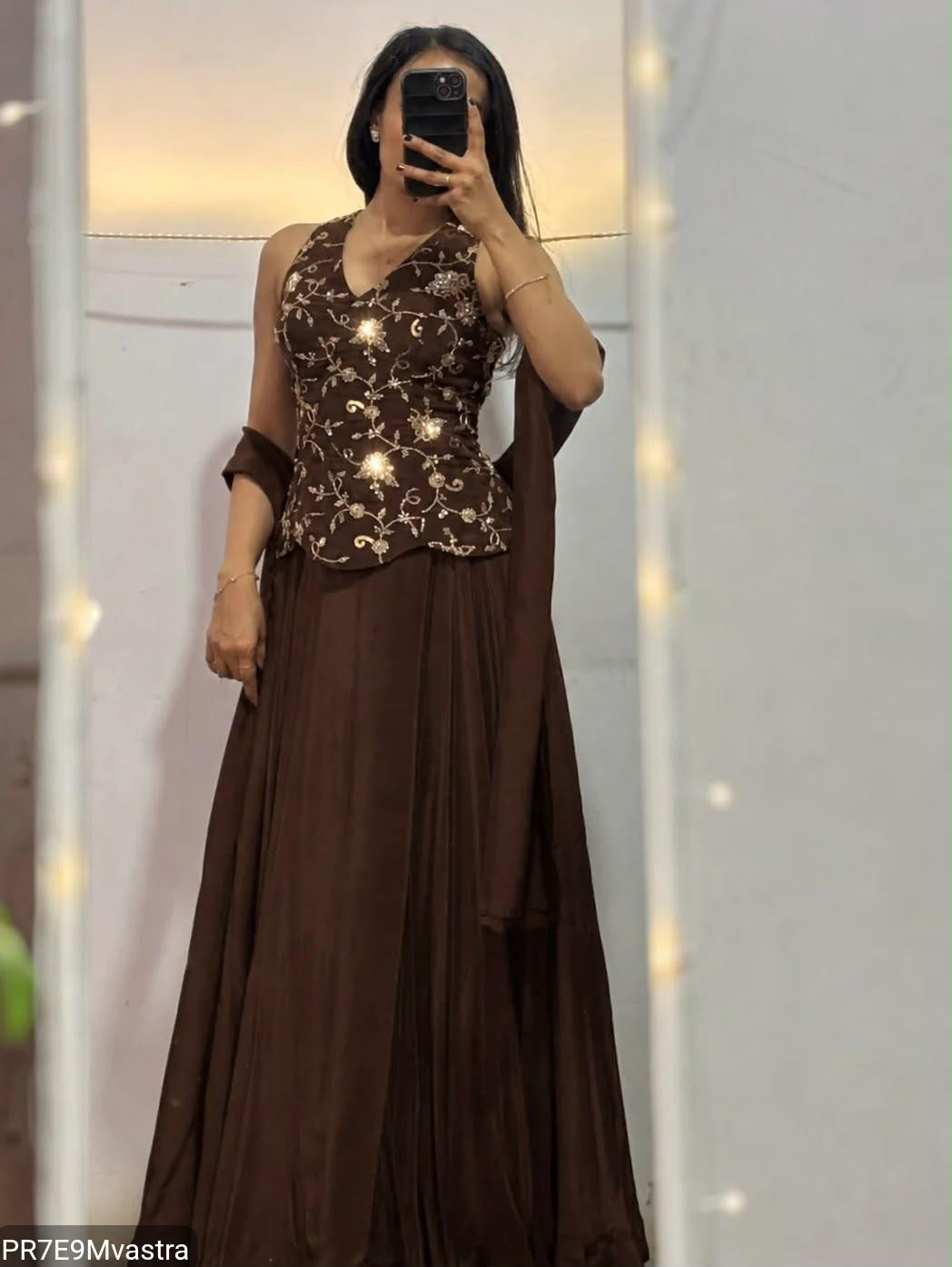 Brown Indo-Western Set with Beadwork Top, Skirt & Dupatta