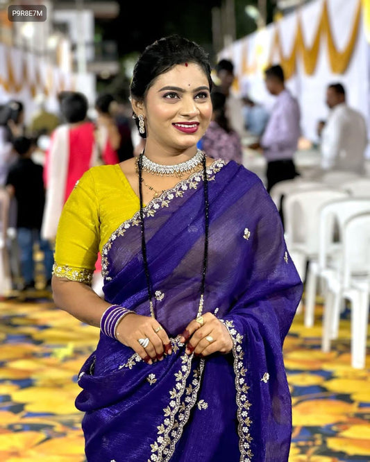 Chiffon Crush Silk Saree with Embroidery, Moti Work & Scalloped Border