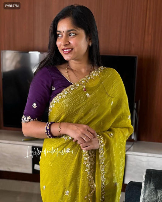 Chiffon Crush Silk Saree with Embroidery, Moti Work & Scalloped Border